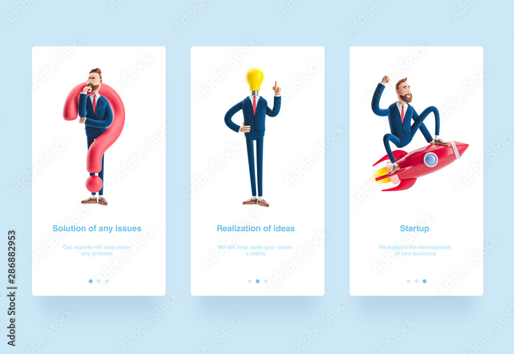 3d Illustration set. Businessman Billy with yellow bulb. Innovation and inspiration concept. Businessman Billy flying on a rocket up. Concept of business startup, launching of a new company. 3d Illustration set. Businessman Billy with yellow bulb. Innovation and inspiration concept. Businessman Billy flying on a rocket up. Concept of business startup, launching of a new company.