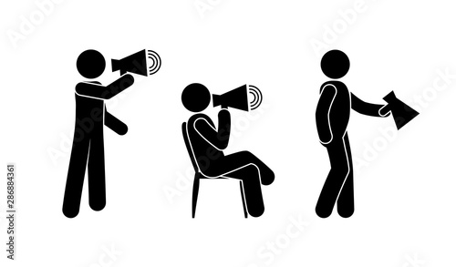 man with megaphone icon, loudspeaker illustration, stick figure people pictograms