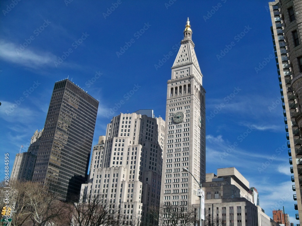 New York City Buildings With Blue Sky Background