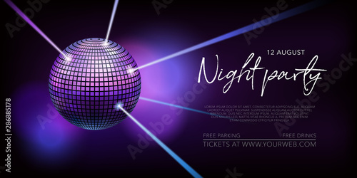 Night party vector illustration, poster. Disco, night club concert announcement or internet banner