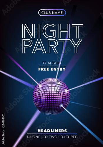 Night party vector illustration, banner. Poster for disco with text for event and DJ names