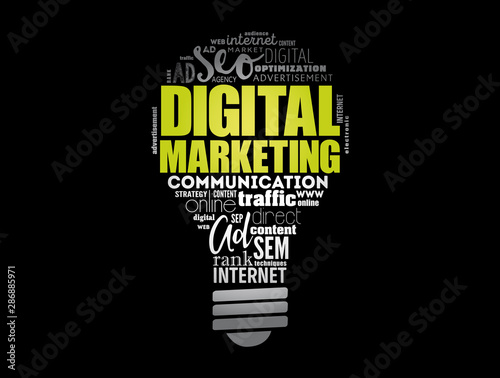 Digital Marketing light bulb word cloud, business concept background
