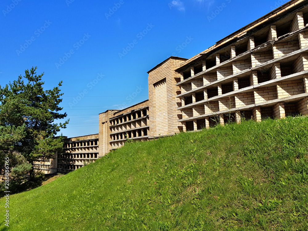 Textured surface of embossed brick wall, green lawn and blue sky