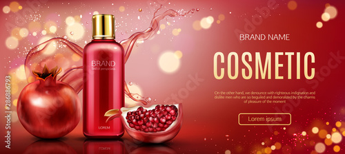 Pomegranate cosmetics mock up banner, bottle with ripe garnet and water splashes, beauty skin care cosmetics product tube package design mockup promo poster Realistic 3d vector illustration, ad banner