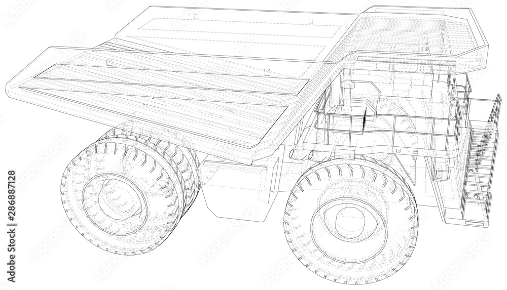Dump truck isolated. Vector rendering of 3d. Wire-frame style. The layers of visible and invisible lines are separated.
