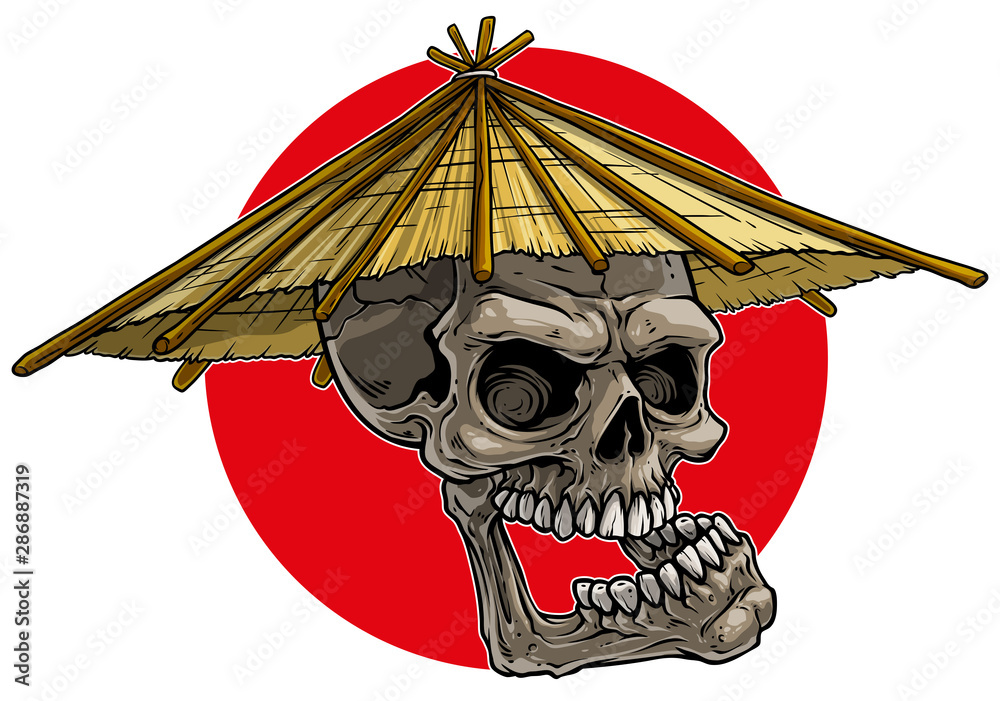 Cartoon detailed realistic colorful scary human skull in traditional asian  straw conical rain hat. Isolated on white background. Vector icon. Stock  Vector | Adobe Stock