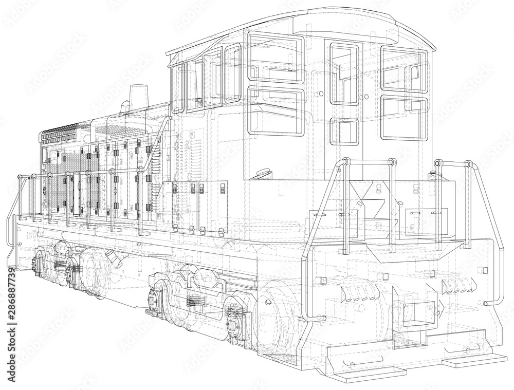 Train engines. Technical wire-frame. Vector rendering of 3d. EPS10 format.