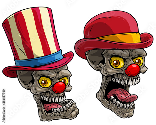 Cartoon detailed realistic colorful scary circus clown skulls with red noses and hat. Isolated on white background. Vector icon set.