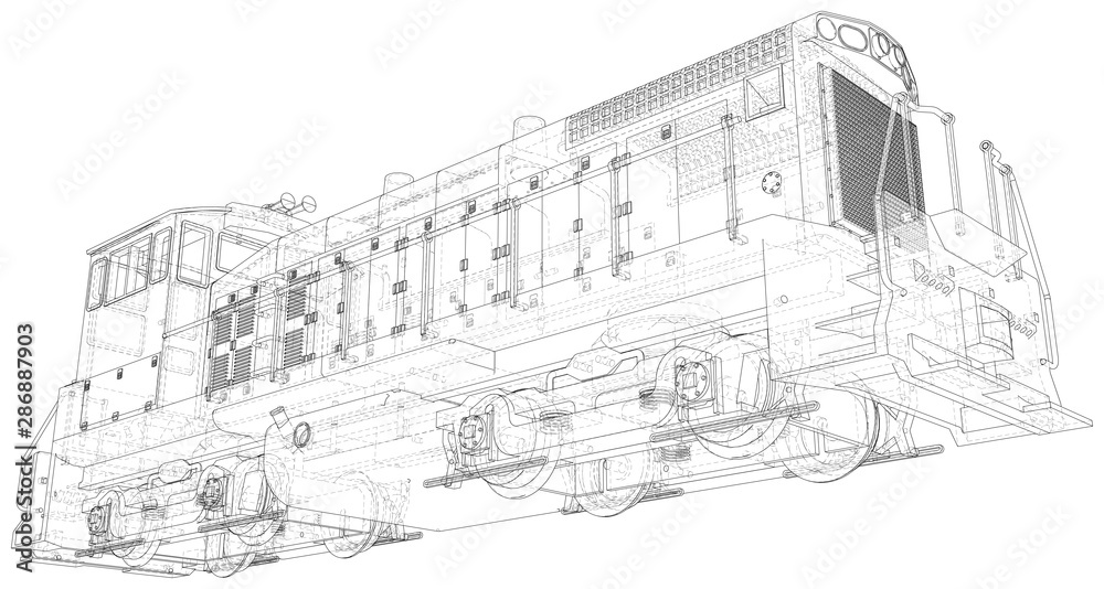Train. EPS10 format. Vector created of 3d, Wire-frame.