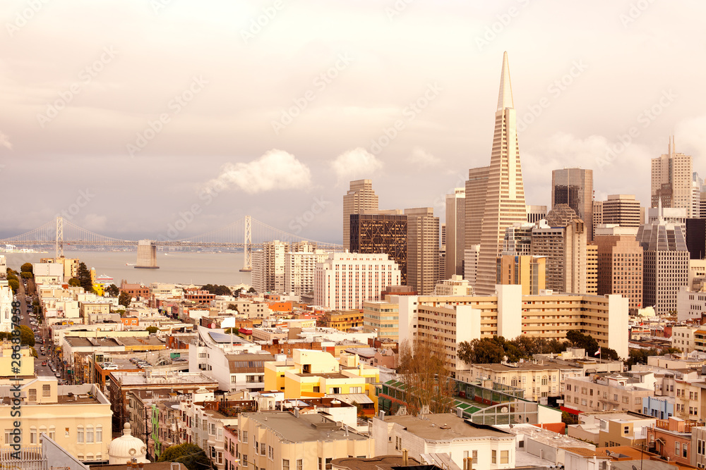 Financial District, North Beach neighborhood and San Francisco-Oakland Bay Bridge, San Francisco, California, USA