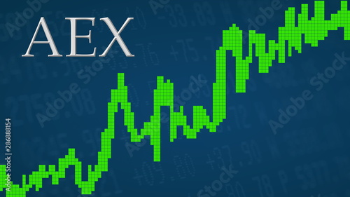 The Amsterdam Exchange index AEX is going up. The green graph next to the silver AEX title on a blue background is showing upwards and symbolizes the ascent of the Dutch stock index. photo