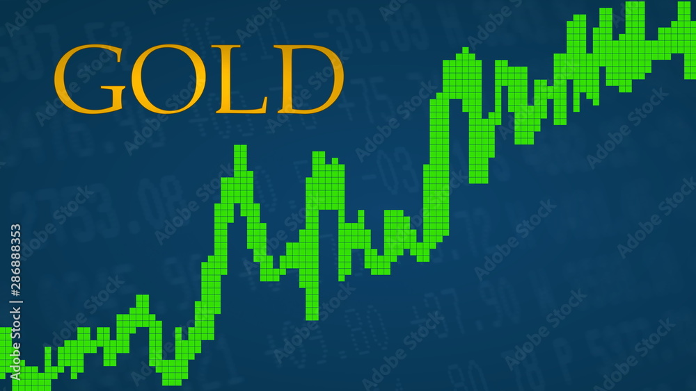 Obraz premium The price of the commodity gold is going up. The green graph next to the golden GOLD title on a blue background shows upwards and symbolizes the price rise of the precious metal gold.