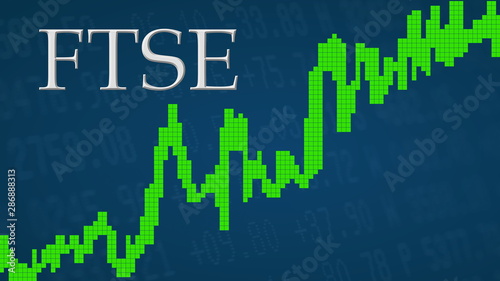 The British stock market index FTSE is going up. The green graph next to the silver FTSE title on a blue background is showing upwards and symbolizes the ascent of the British index.