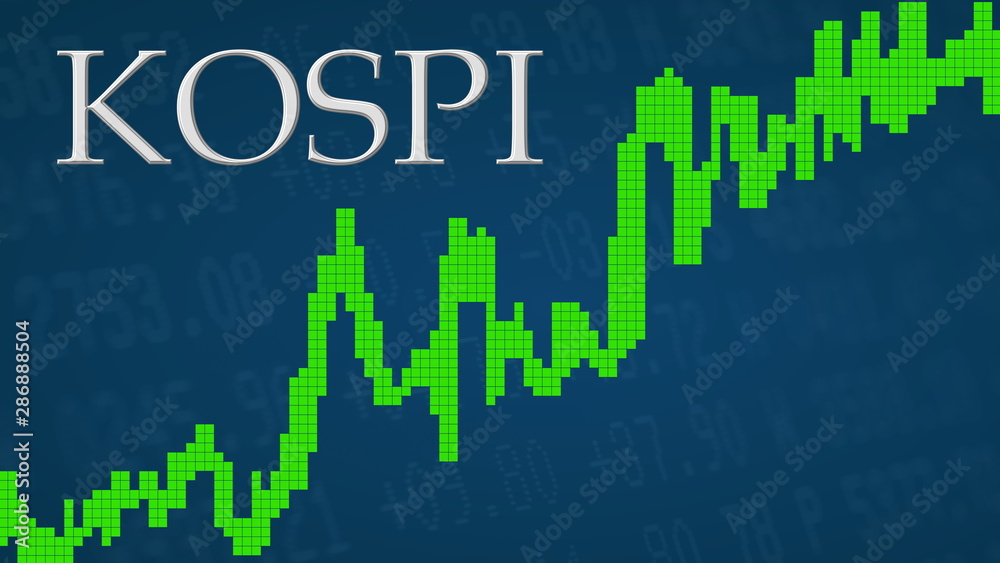 The Korea Composite Stock Price Index or KOSPI is going up. The green graph next to the silver KOSPI title on a blue background is showing upwards and symbolizes the ascent of the Korean index.