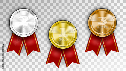 Realistic Award Medals. Three Winner Champion Medals - Gold Silver And Bronze