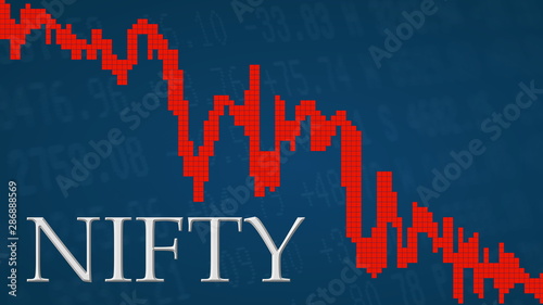 The stock market index NIFTY, National Stock Exchange of India, is falling. The red graph next to the silver NIFTY title on a blue background shows downwards, symbolizing the fall of the Indian index.
