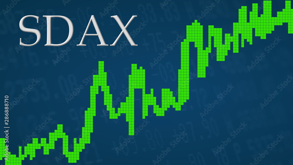 The German stock market index SDAX is going up. The green graph next to the silver SDAX title on a blue background is showing upwards and symbolizes the ascent of the German stock index.
