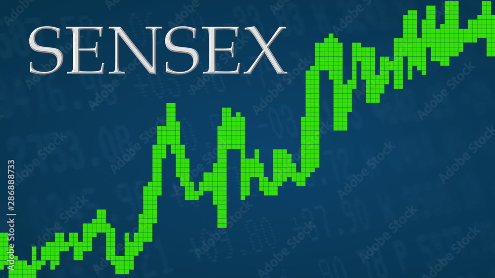 The BSE SENSEX stock market index of Bombay Stock Exchange is going up. The green graph next to the silver SENSEX title on a blue background shows upwards, symbolizing the ascent of the Indian index. 
