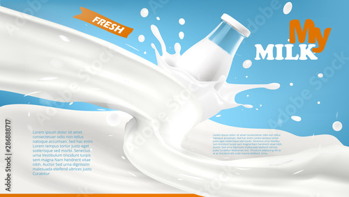 Realistic Glass Bottle In Milk Twisted Splash On Blue Background