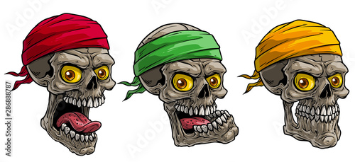 Cartoon detailed realistic colorful scary human biker skulls in colorful bandanas. Isolated on white background. Vector icon set.