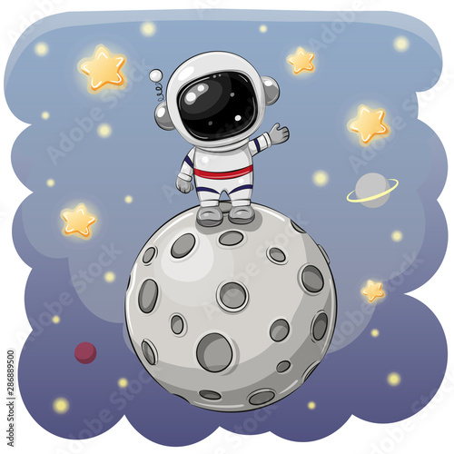 Cartoon astronaut on the moon on a space background