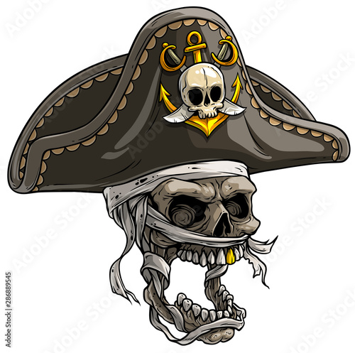 Cartoon detailed realistic colorful scary mummy skull in tricorn pirate hat with golden anchor and swords. Isolated on white background. Vector icon.