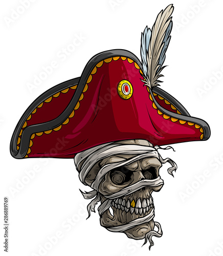 Cartoon detailed realistic colorful scary mummy skull in tricorn pirate hat with golden badge and feathers. Isolated on white background. Vector icon.