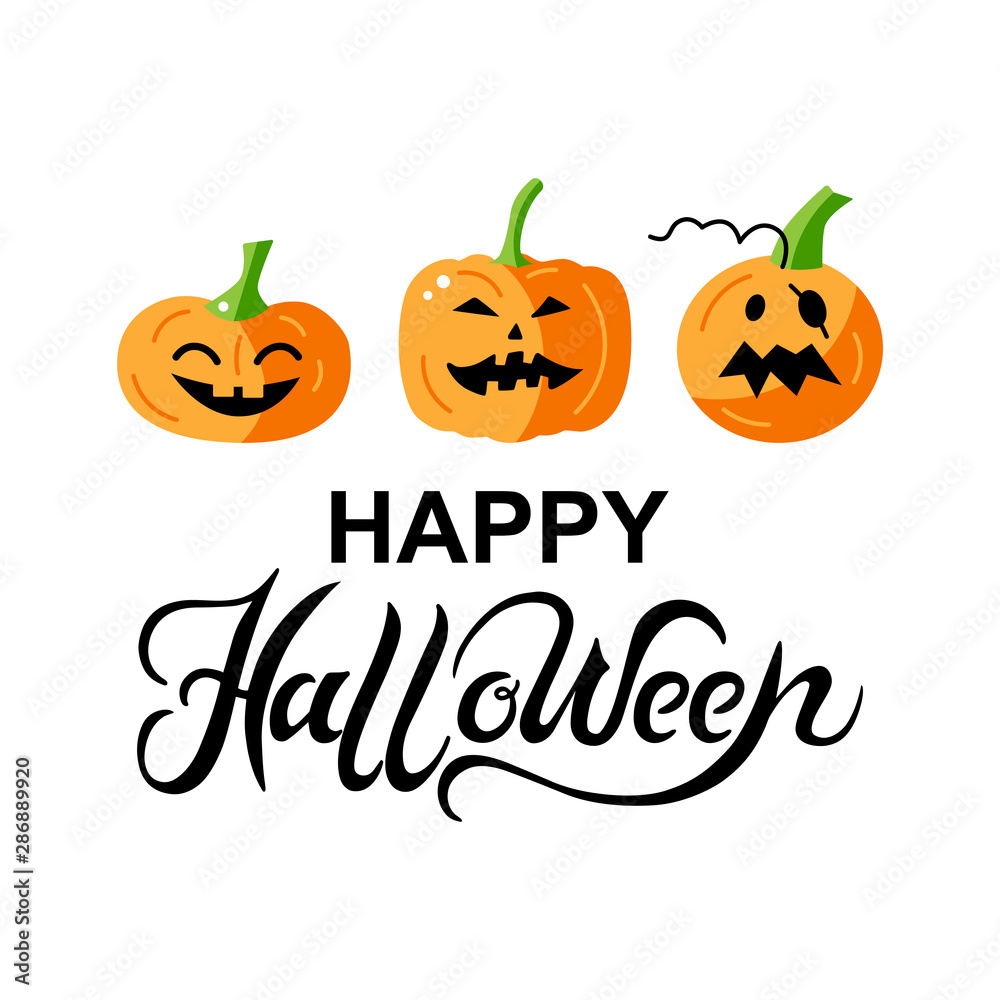 Happy Halloween card with pumpkins on white background. Handwriting lettering Halloween. Flat style vector illustration. Great for banner, party invitation, flyer, greeting card. Happy Halloween card with pumpkins on white background. Handwriting lettering Halloween. Flat style vector illustration. Great for banner, party invitation, flyer, greeting card.