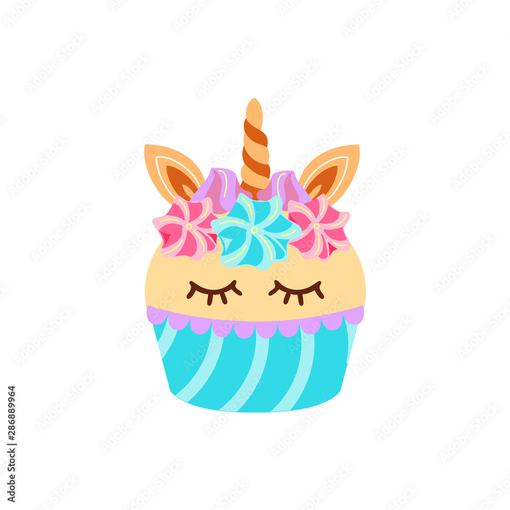 Fototapeta premium Unicorn cupcake vector illustration isolated on white background. Great for greeting card, party invitation, sticker, patch, t-shirt design, poster.