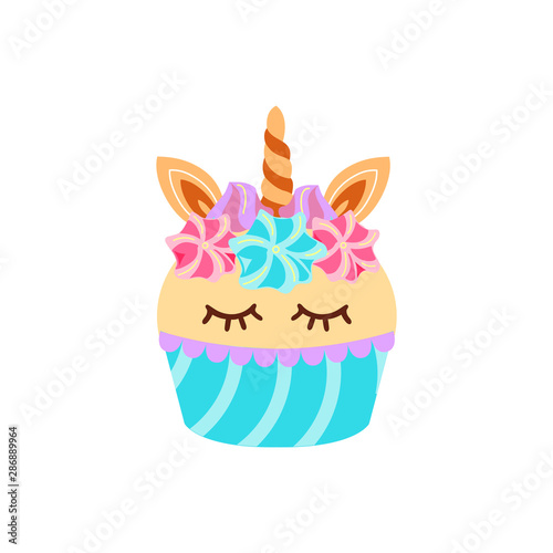 Unicorn cupcake vector illustration isolated on white background. Great for greeting card, party invitation, sticker, patch, t-shirt design, poster.