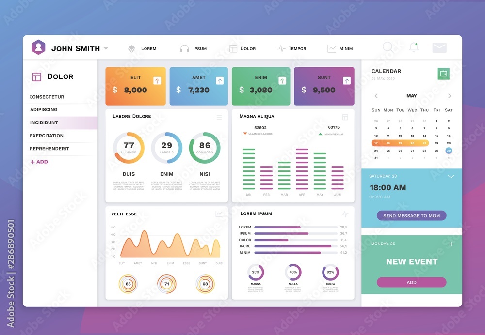 Infographic ui dashboard template. Modern admin panel interface with flat design graphs, charts and diagrams. Vector analytical report information graphics elements
