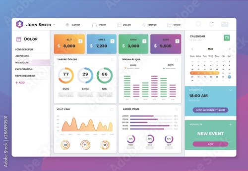 Infographic ui dashboard template. Modern admin panel interface with flat design graphs, charts and diagrams. Vector analytical report information graphics elements