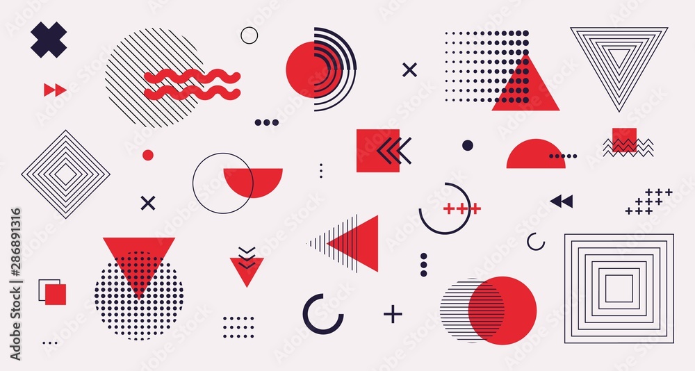 Memphis design elements mega set. Vector abstract geometric line graphic shapes, modern hipster circle triangle template colorful illustration