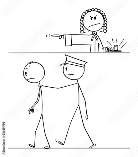 Vector cartoon stick figure drawing conceptual illustration of judge sentence criminal to imprisonment, policeman is taking him to the prison.