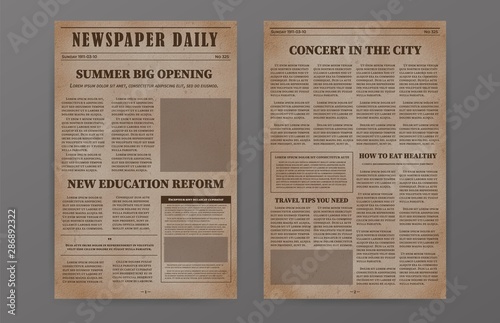 Old paper newspaper template. Vintage news articles old design. Vector newsprint magazine set brochure newspaper pages with headline. Retro paper grunge journal illustration