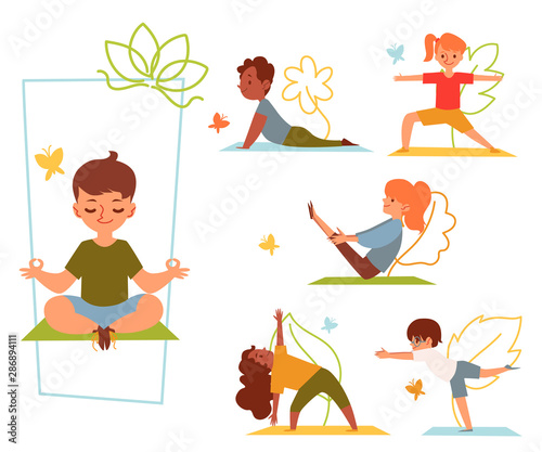 A set of kids and children doing yoga in various poses and stretching or fitness exercises on mat.