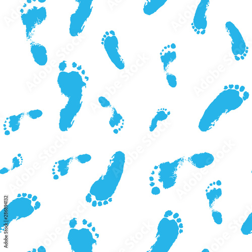 Children's seamless pattern of foot print on a white background. Vector illustration of a prints of steps. Kid's traces footprint, baby step, leg, watercolor, blue color.