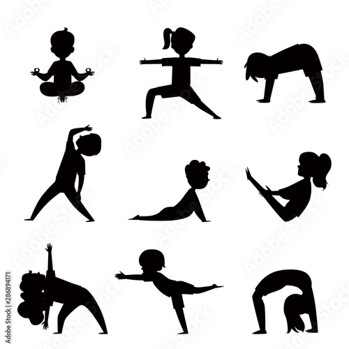 Cartoon kids silhouette set in various yoga poses - child exercise and fitness collection