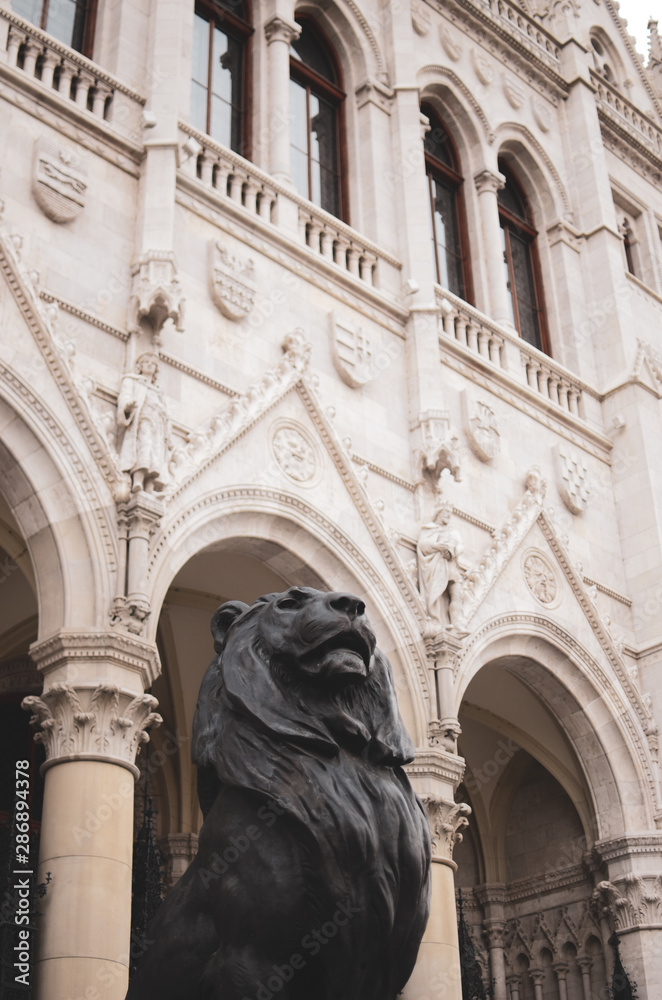 Fototapeta Lion statue in Budapest Parliament entrance.