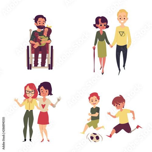 Cartoon people with disability living full life - girl walking with friend, boy playing soccer, man in wheelchair holding his child