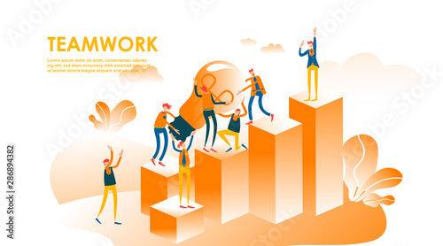 Vector flat illustration teamwork, people raised and search the new idea climb the ladder of success with isometric style, little people are lift light bulbs work together. - Vector