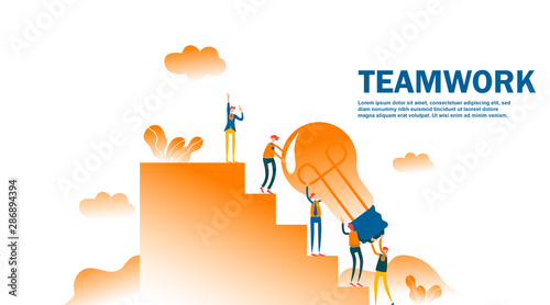Business concept of vector illustration teamwork, little people raised and search the idea of business, climb the ladder of success, light bulb Symbol of idea, cooperation. - Vector