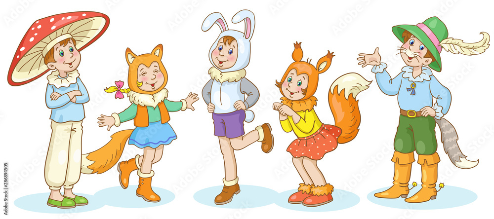 Children in carnival costumes in cartoon style. Isolated on white background.