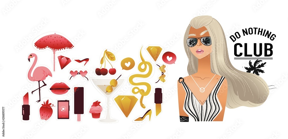 Do nothing club - cartoon fashion model girl and glamour vacation object set. Do nothing club - cartoon fashion model girl and glamour vacation object set.