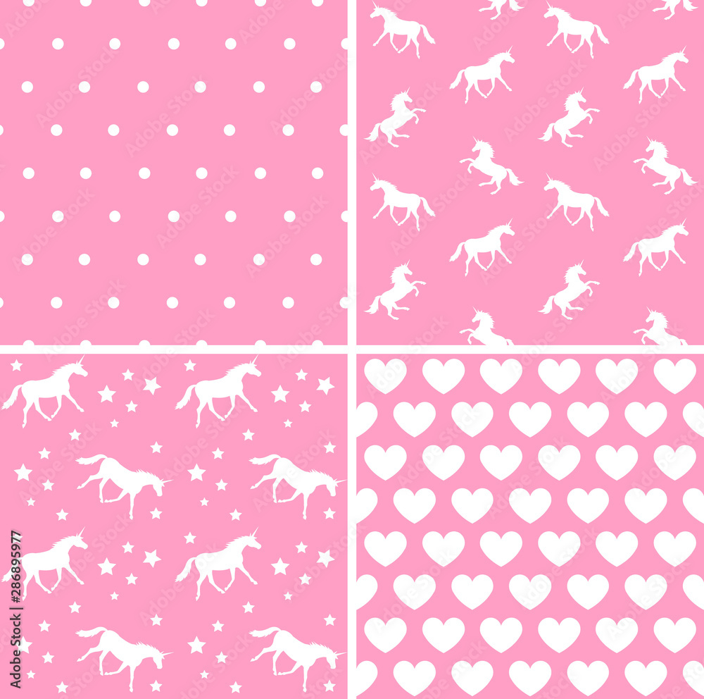 Vector set bundle of white unicorn silhouette seamless pattern isolated on pink background Vector set bundle of white unicorn silhouette seamless pattern isolated on pink background