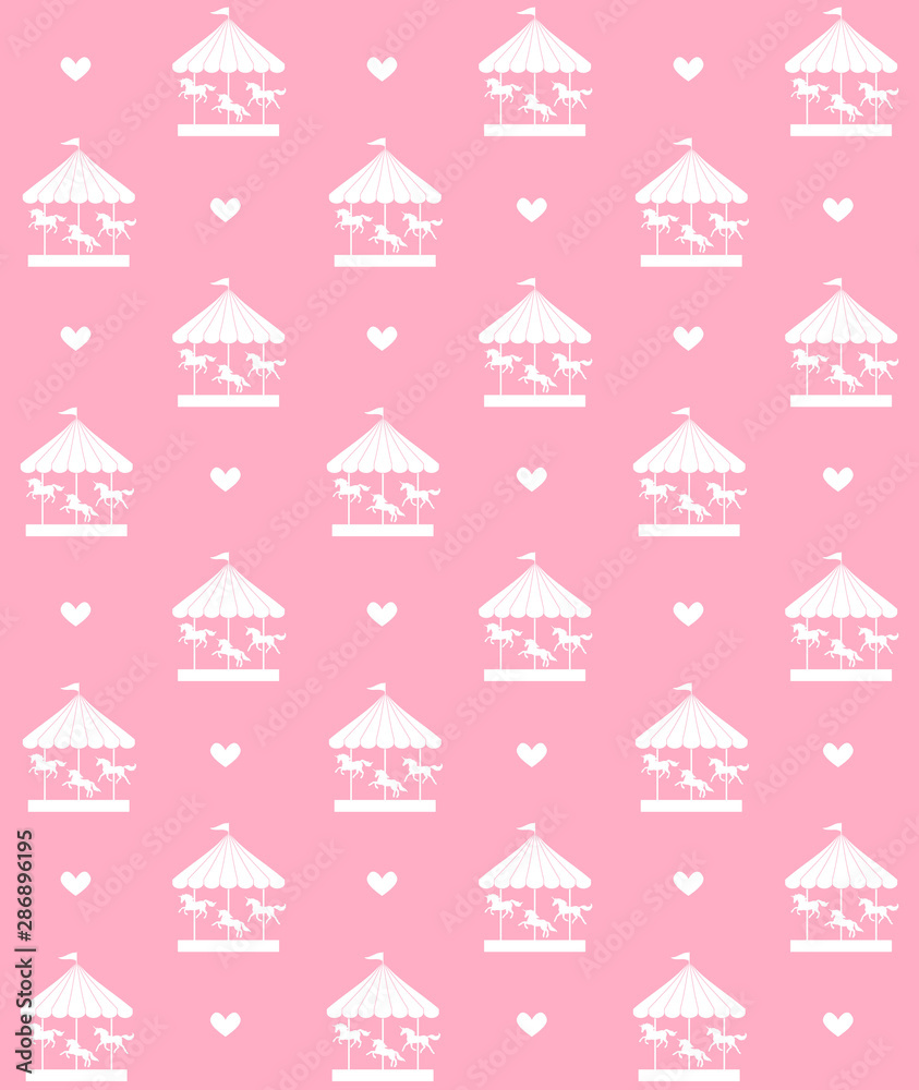 Vector seamless pattern of white unicorn carousel isolated on pastel pink background Vector seamless pattern of white unicorn carousel isolated on pastel pink background