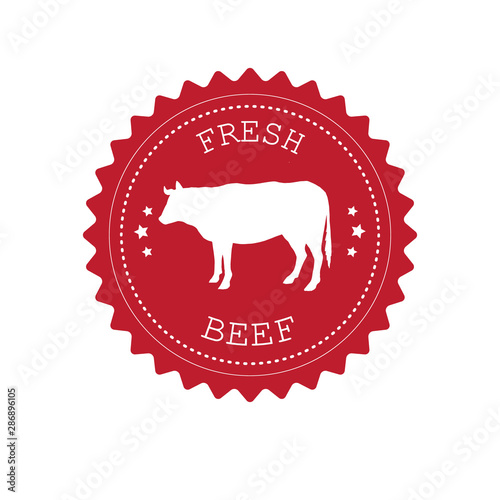 Vector flat red round retro beef logo with cow silhouette isolated on white background