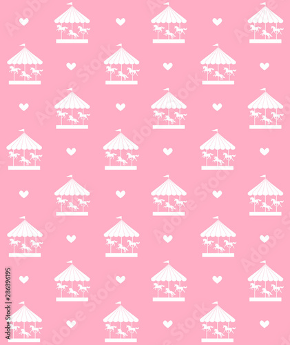 Vector seamless pattern of white unicorn carousel isolated on pastel pink background