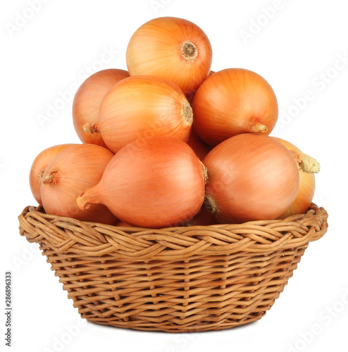 Onions in a basket isolated on white