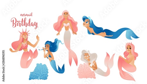 Cute cartoon mermaid birthday girls set isolated on white background